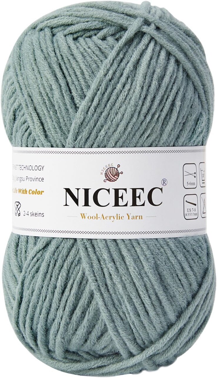 1 Skein Soft Wool-Acrylic Yarn for Knitting Worsted Weight Yarn Quality Yarn for DIY Craft Wool Blend Yarn for Crochet Blanket Yarn(3.53oz,153yds)-Pale Grayish Green